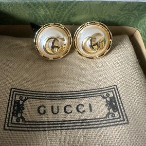 Gucci Gold and White Logo Earrings